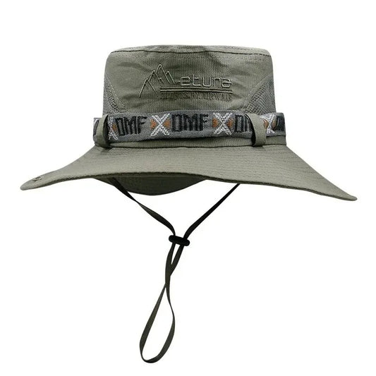 Light green wide-brim safari hat with mesh side panels, adjustable chin strap, and decorative band — ideal for outdoor, hiking, and tactical use.