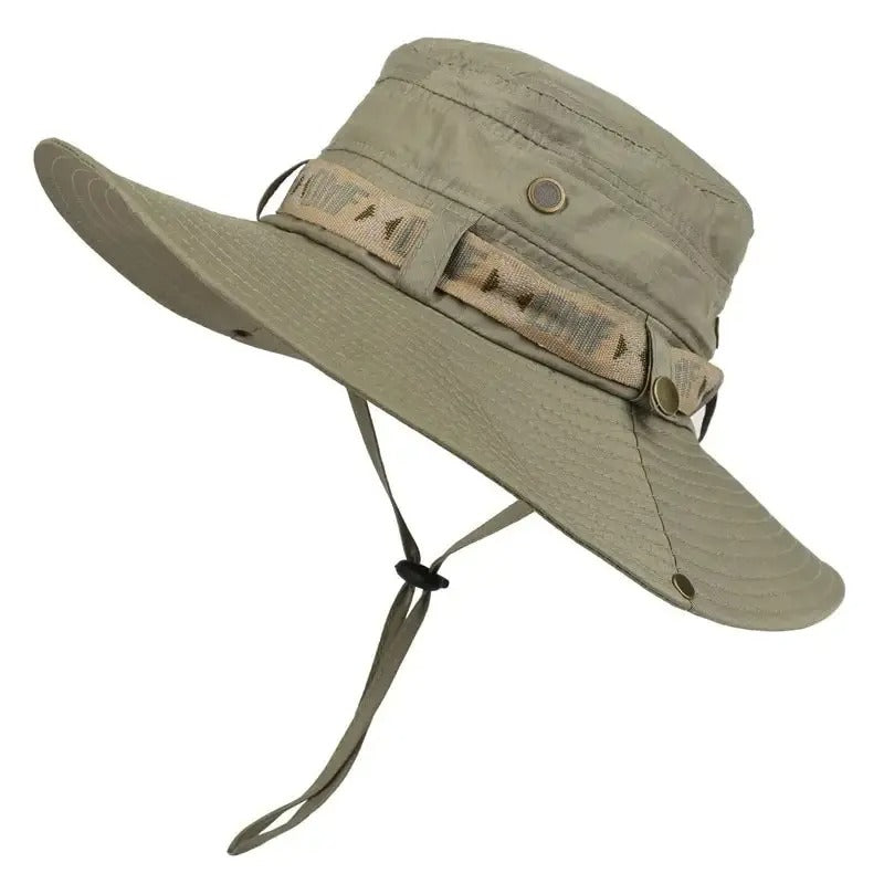 Mesh bean green another side view wide-brim safari hat with mesh side panels, adjustable chin strap, and decorative band — ideal for outdoor, hiking, and tactical use.