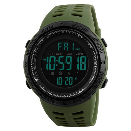Military digital sports watch with green silicone strap, multifunction display, and waterproof design.