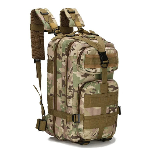 Desert camouflage tactical backpack with multiple compartments, MOLLE system, adjustable shoulder straps, and sturdy construction, designed for outdoor hiking and military use.