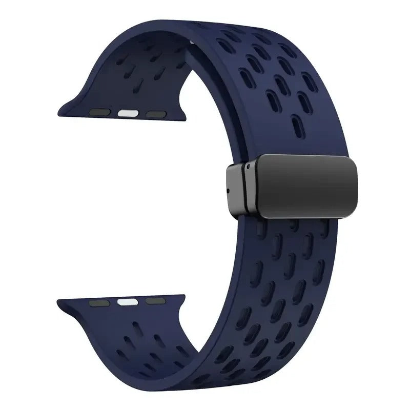 Navy blue perforated rubber sport strap for Apple Watch with black clasp, compatible with all Apple Watch sizes