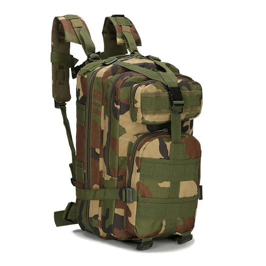 Olive green camouflage tactical backpack with multiple compartments, MOLLE system, adjustable shoulder straps, and sturdy construction, designed for outdoor hiking and military use.