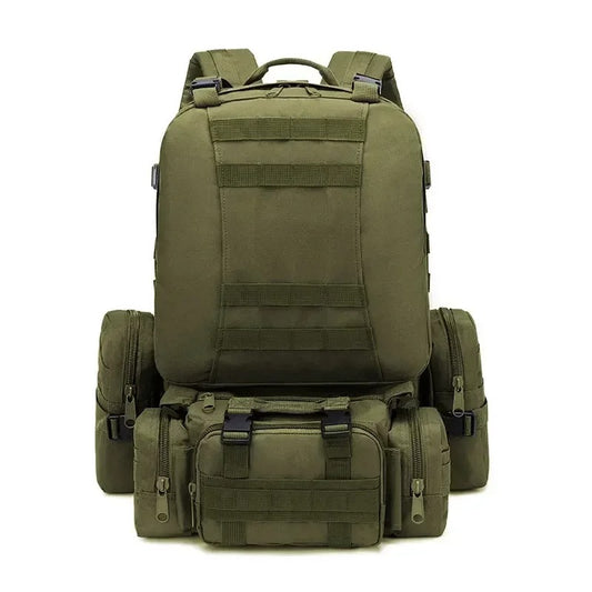 Olive green military-style camping backpack featuring multiple compartments, including main storage, secondary section, modular combo pouch, and side pockets — built for durability and tactical use outdoors.