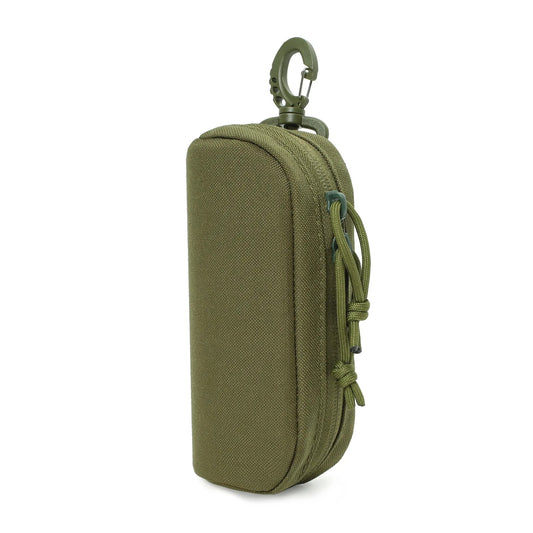 Olive green MOLLE glasses case made of tough 1000D nylon, shown with zipper closure and tactical webbing for gear attachment.