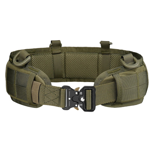 Olive green tactical survival belt with MOLLE system and alloy buckle, designed for military use, outdoor missions, and gear-carrying efficiency