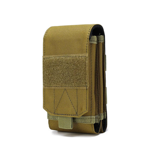 Olive green mobile pouch with front hook-and-loop closure and MOLLE-compatible straps — designed for securely carrying phones, wallets, and small gear in outdoor or tactical settings.
