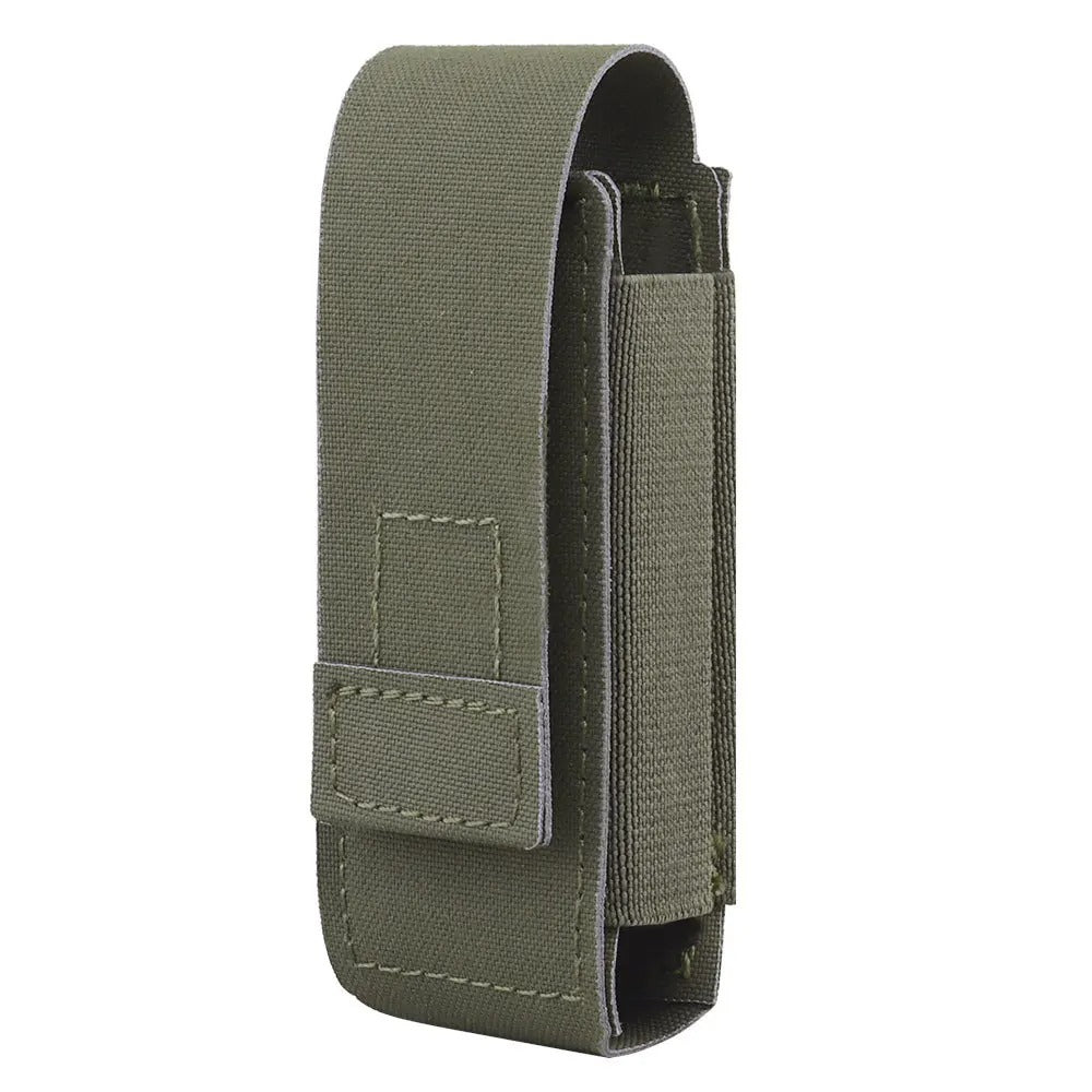 Olive green tactical pepper spray pouch with hook-and-loop closure, ideal for military or outdoor use.