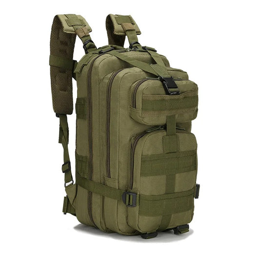 Olive green tactical backpack with multiple compartments, MOLLE system, adjustable shoulder straps, and sturdy construction, designed for outdoor hiking and military use.