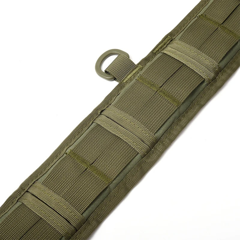 Close-up of the front side of olive green tactical survival belt made from durable Oxford fabric, and MOLLE webbing for gear attachment