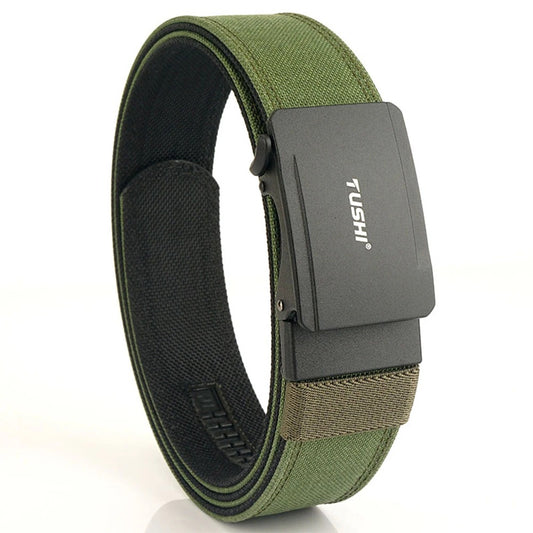 Olive green tactical belt with quick-release alloy buckle, heavy-duty nylon strap, and adjustable fit — designed for outdoor and military use.