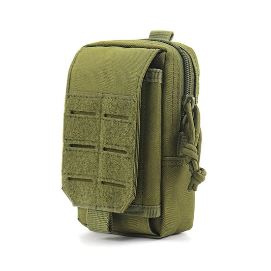 Olive green MOLLE pouch with rugged design and zippered compartments — perfect for carrying small essentials in outdoor settings.