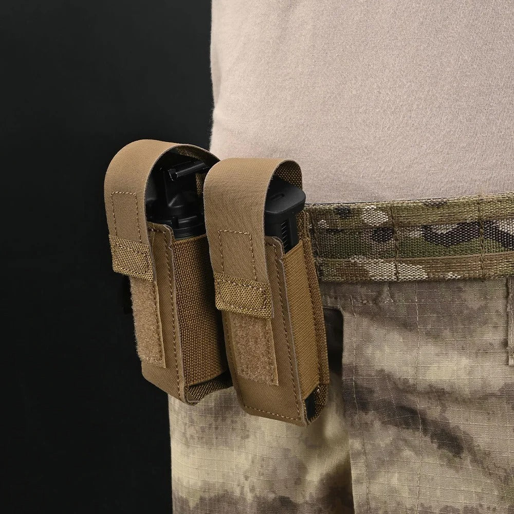 Brown tactical pepper spray pouch with hook-and-loop closure, attaches to belt, ideal for outdoor and self-defense use.