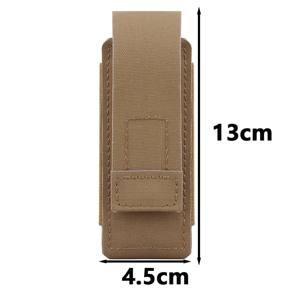 Tactical pepper spray pouch in camouflage design with visible dimensions in centimeters, featuring hook-and-loop closure and belt attachment.