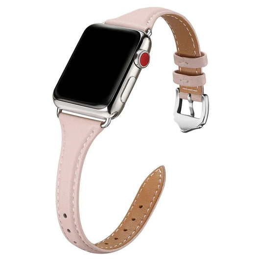 Elegant pink leather Apple Watch strap with silver hardware and classic pin buckle.