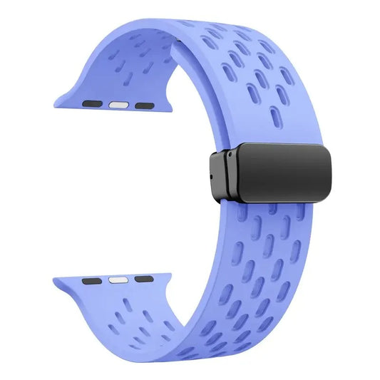 Purple perforated rubber sport strap for Apple Watch with black clasp, compatible with all Apple Watch sizes