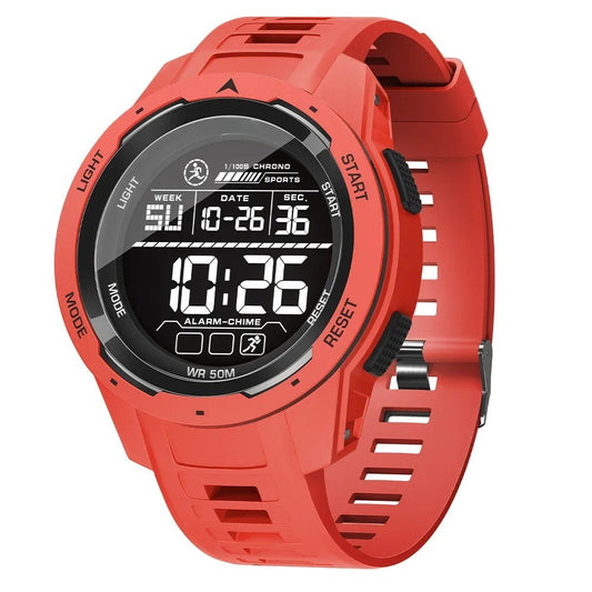 Red sports watch for men with LED backlight, stopwatch function, and 50m water resistance. 