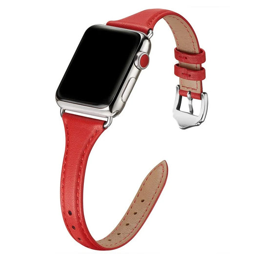 Elegant red leather Apple Watch strap with silver hardware and classic pin buckle.