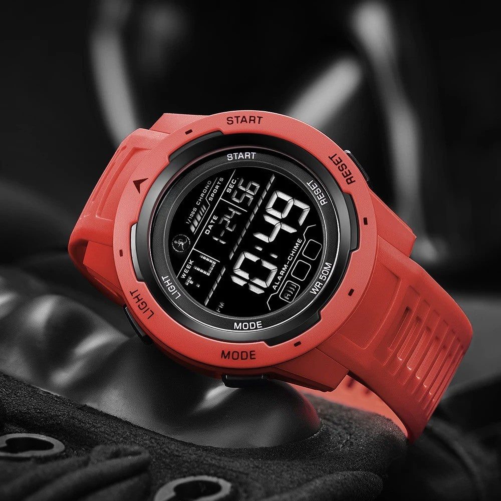 Red sports watch with bright LED display, durable rubber strap, stopwatch, alarm, and 50M waterproof for active use.