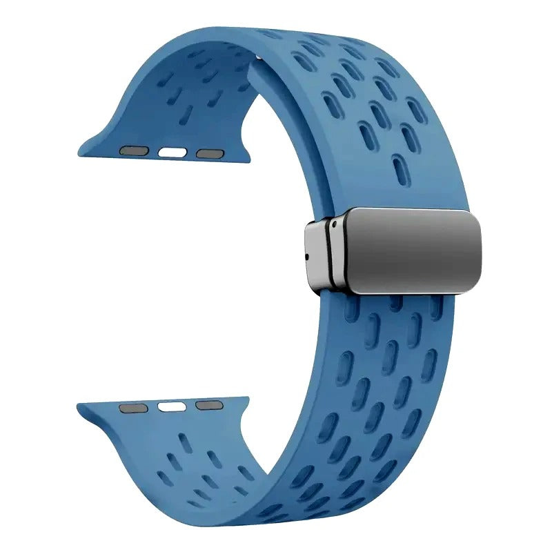 Sky blue perforated rubber sport strap for Apple Watch with black clasp, compatible with all Apple Watch sizes