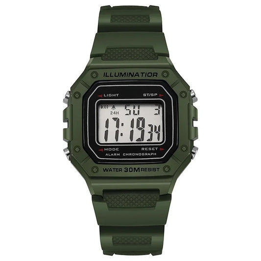 Classic olive green digital sports watch with rectangular display, showing time, date, and alarm status.