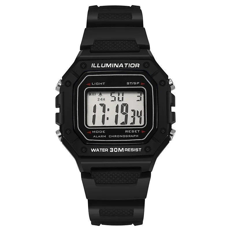 Classic black digital sports watch with rectangular display, showing time, date, and alarm status.