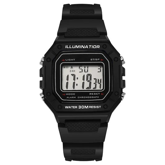 Classic black digital sports watch with rectangular display, showing time, date, and alarm status.