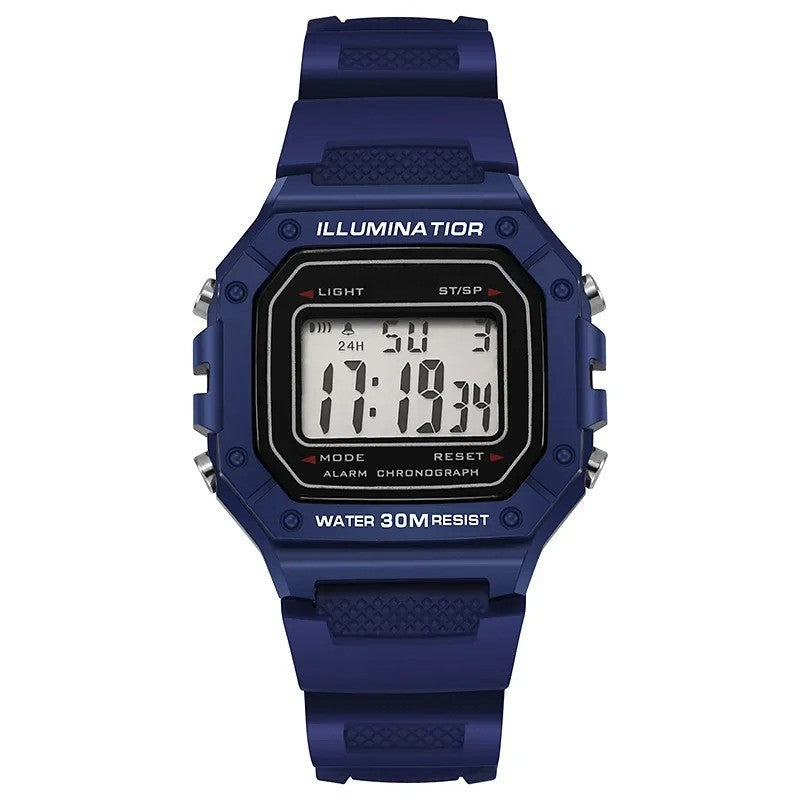 Classic dark blue digital sports watch with rectangular display, showing time, date, and alarm status.