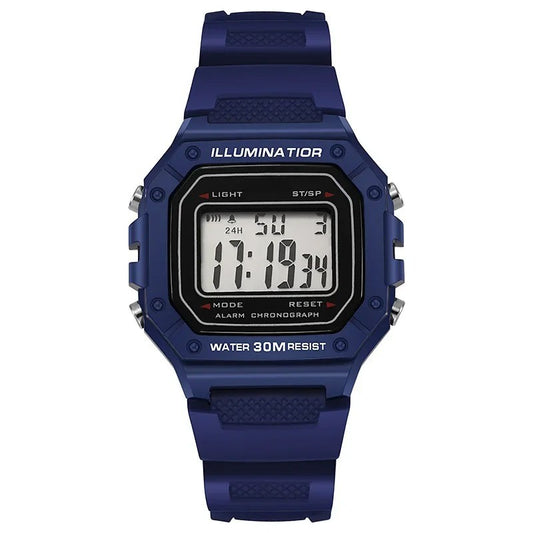Classic dark blue digital sports watch with rectangular display, showing time, date, and alarm status.