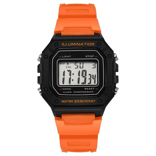 Classic orange digital sports watch with rectangular display, showing time, date, and alarm status.