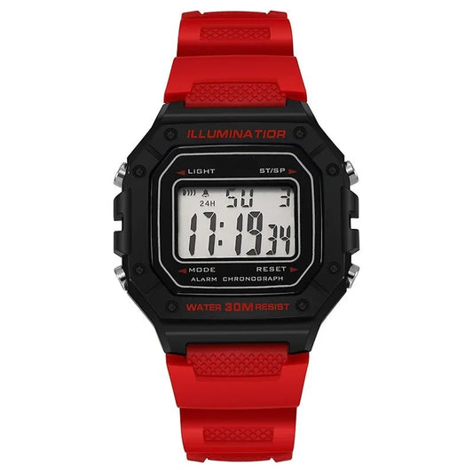 Classic red digital sports watch with rectangular display, showing time, date, and alarm status.