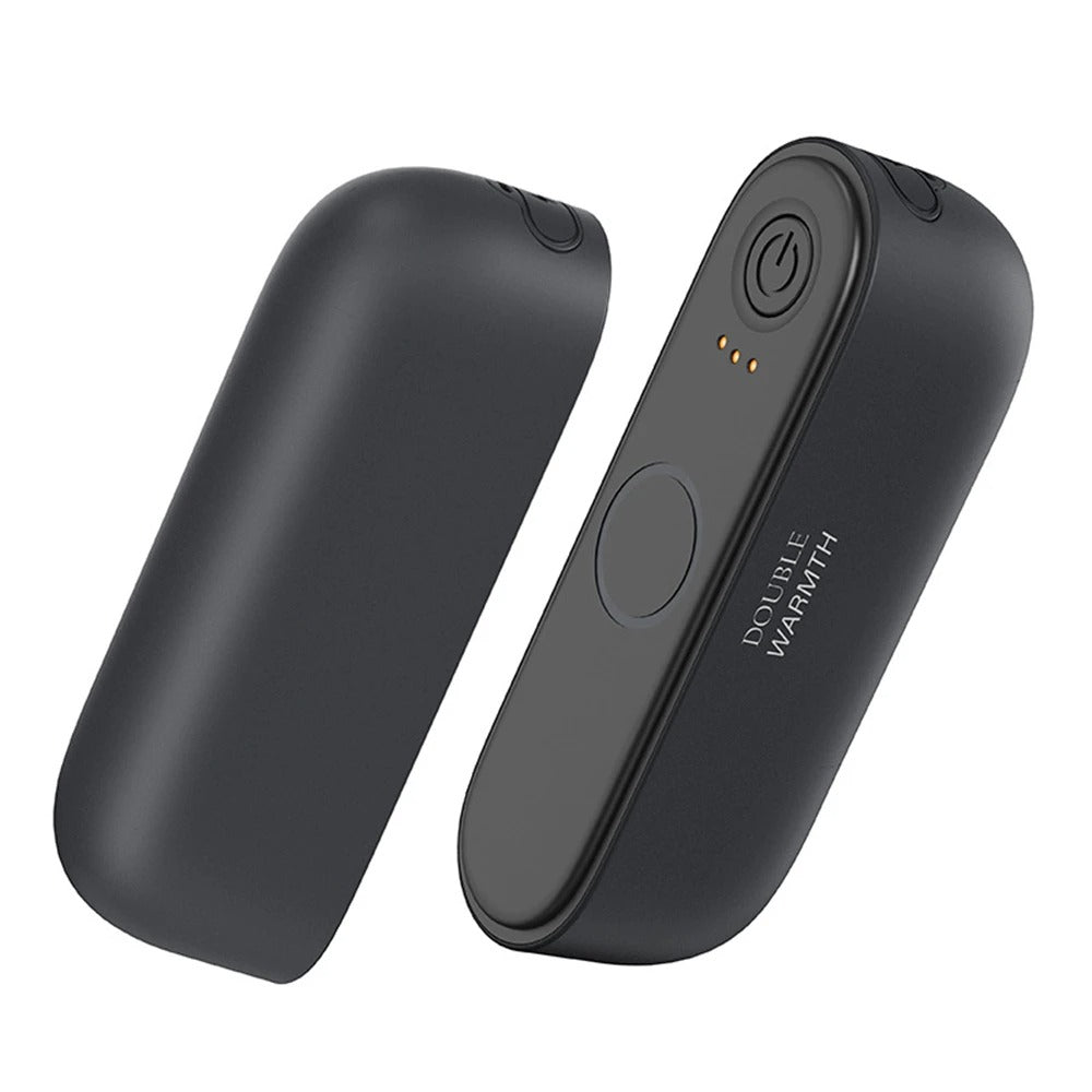 Black 2-in-1 magnetic rechargeable hand warmers with ergonomic design, compact and portable electric pocket heater ideal for outdoor use and tech gifting.