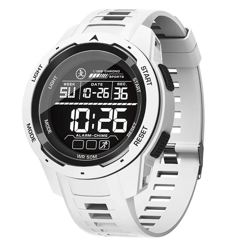 White sports watch for men with LED backlight, stopwatch function, and 50m water resistance. 