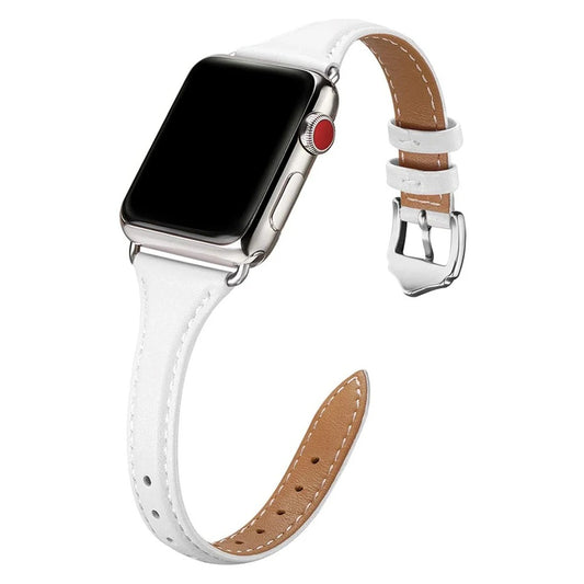 Elegant white leather Apple Watch strap with silver hardware and classic pin buckle.