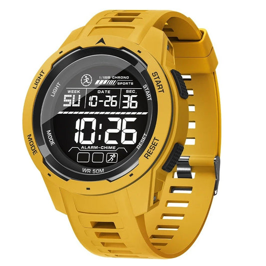 yellow waterproof digital sports watch for men with LED backlight, stopwatch function, and 50m water resistance. Rugged yellow design with large display and multiple function buttons.